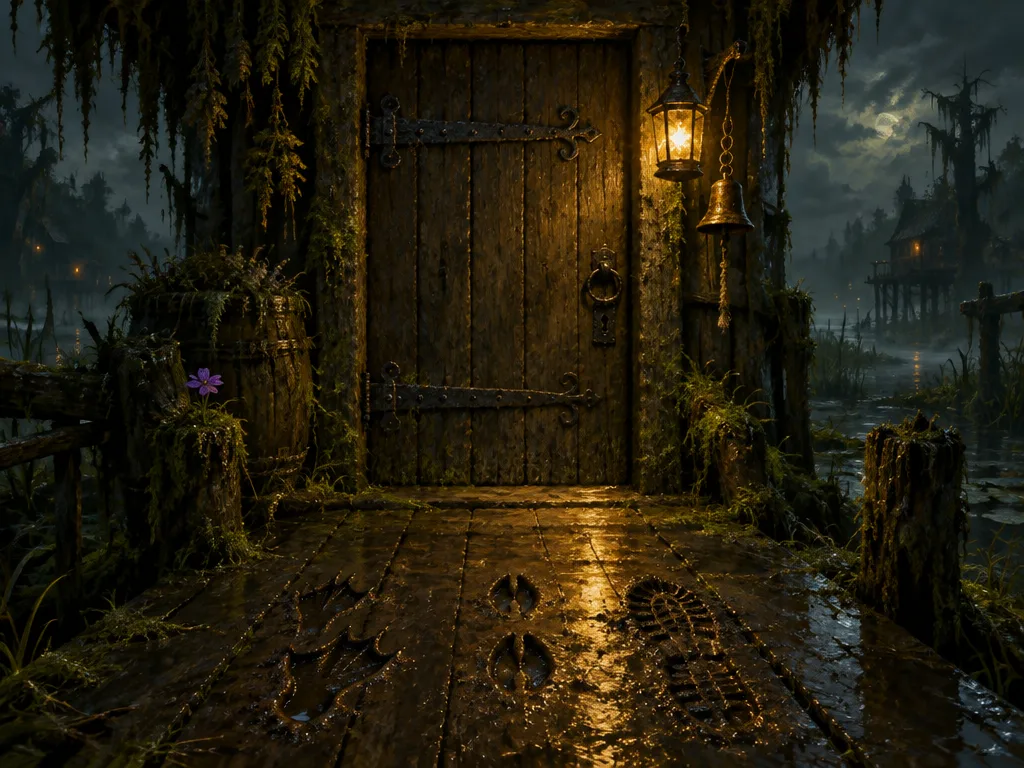 Pintu papan Stilthouse di malam hari dengan lentera dan lonceng perunggu. Di papan basah ada jejak kaki berselaput, jejak kuku, dan jejak sepatu bot.