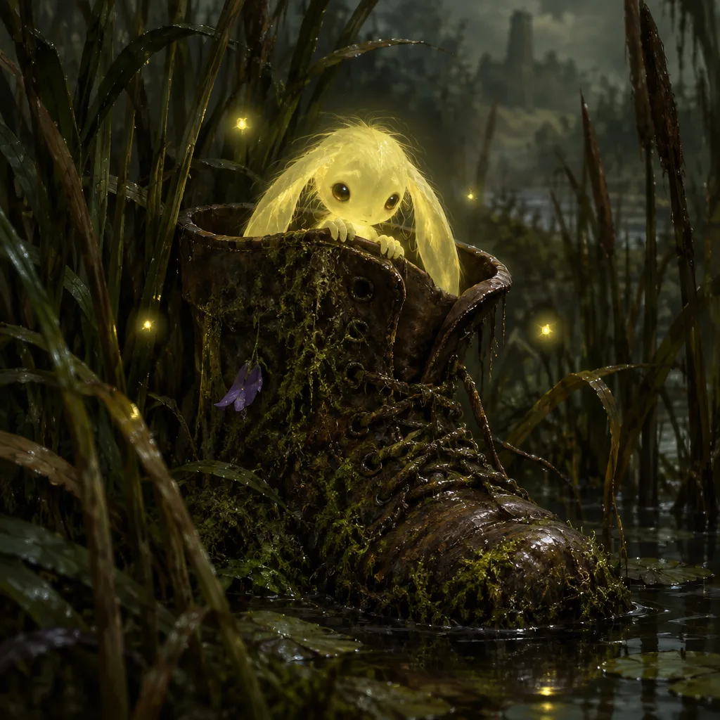 Pellow, roh kecil bercahaya kuning pucat bertelinga panjang, mengintip dari sepatu bot tua berlumut di antara alang-alang.